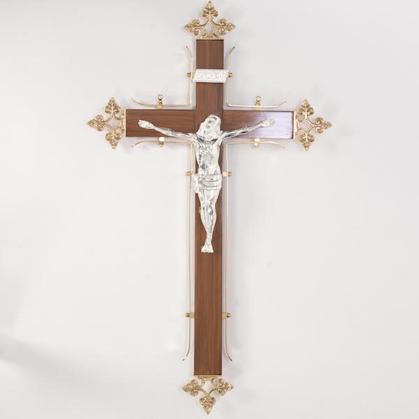 Wood and Brass Crucifix with Large Silver Plated Corpus Wall hung Crucifix in wood and brass with silver pated Large corpus and INRI.