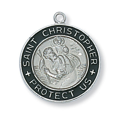 St. Christopher Medal Sterling Silver - Black & Grey Enamel and 18" Rhodium Plated ChainSterling Silver St. Christopher Black Enameled Medal w/ 18" Rhodium Chain