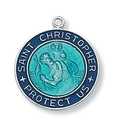 St. Christopher Medal Sterling Silver with Blue Enamel and 18" Rhodium Plated Chain