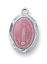 Miraculous Medal Sterling Silver Pink Enamel with 16" Rhodium Plated Chain