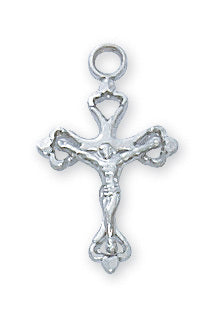 Crucifijo de plata de ley con cadena fina chapada en rodio de 16" y caja de regalo de polipiel blanca