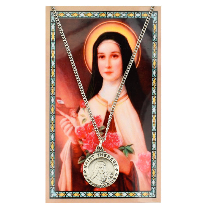 St. Therese Circle Medal with 18" Chain and Laminated Holy Card Set