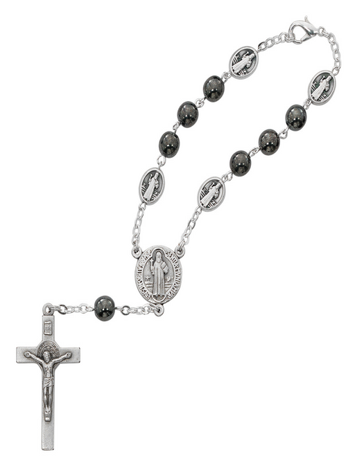 St. Benedict Auto Rosary with 7mm Hematite Beads