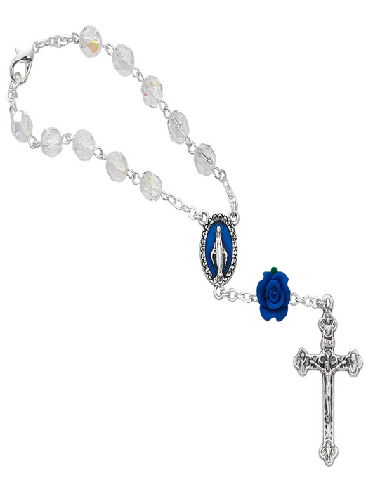 Crystal Auto Rosary with Blue Rose