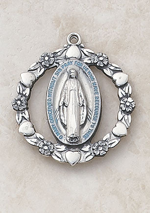 Sterling Silver and Blue Miraculous Medal with 24" Chain