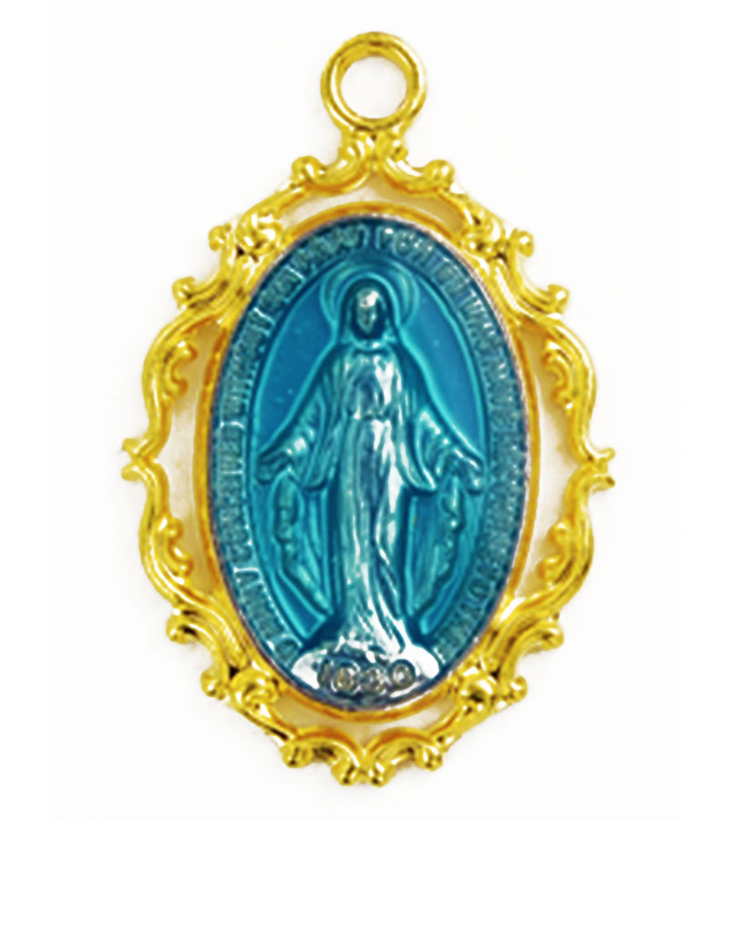 Miraculous Medal Gold Over Sterling Silver Blue with 18" Rhodium-Plated Chain