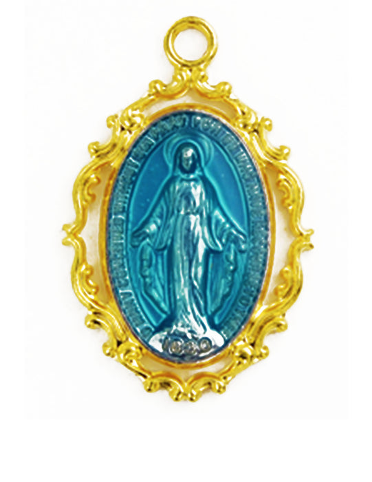 Miraculous Medal Gold Over Sterling Silver Blue with 18" Rhodium-Plated Chain