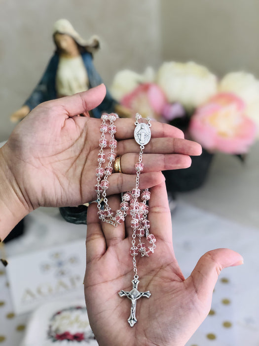 7mm Crystal Pink Capped Beads Rosary